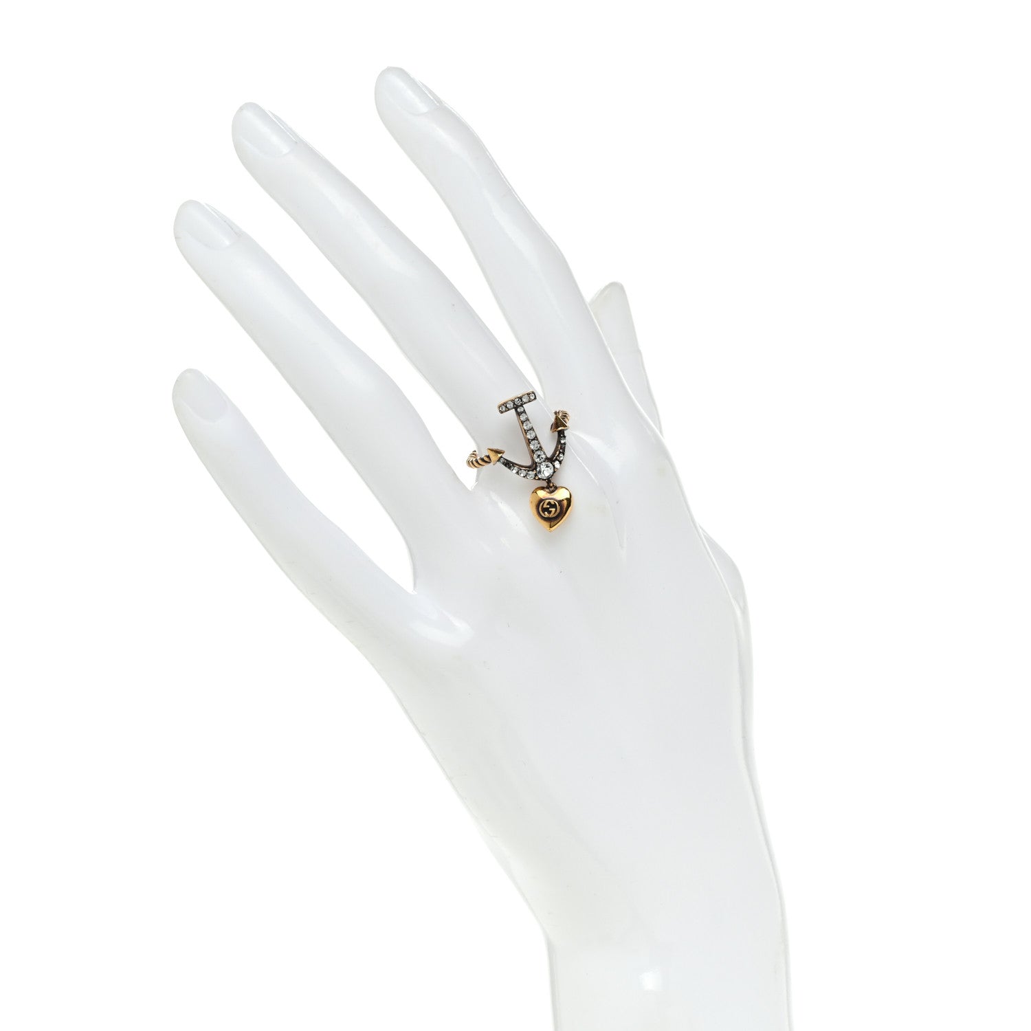 Gucci Metal Crystal Interlocking G Anchor Heart Ring 52 6 Gold 2 of 5