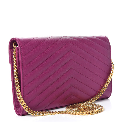 Saint Laurent Grain De Poudre Matelasse Chevron Monogram Chain Wallet Dark Grape 3 of 9