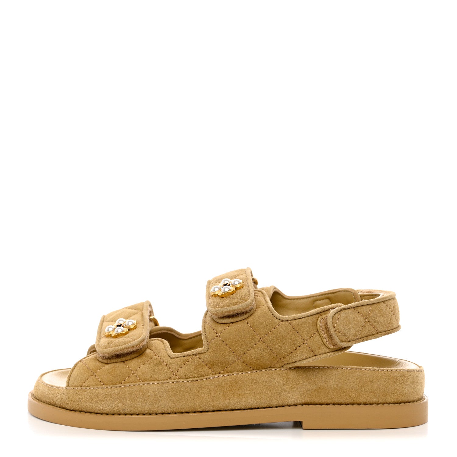 Chanel Suede Calfskin Pearl Velcro Dad Sandals 35 Beige 1 of 9
