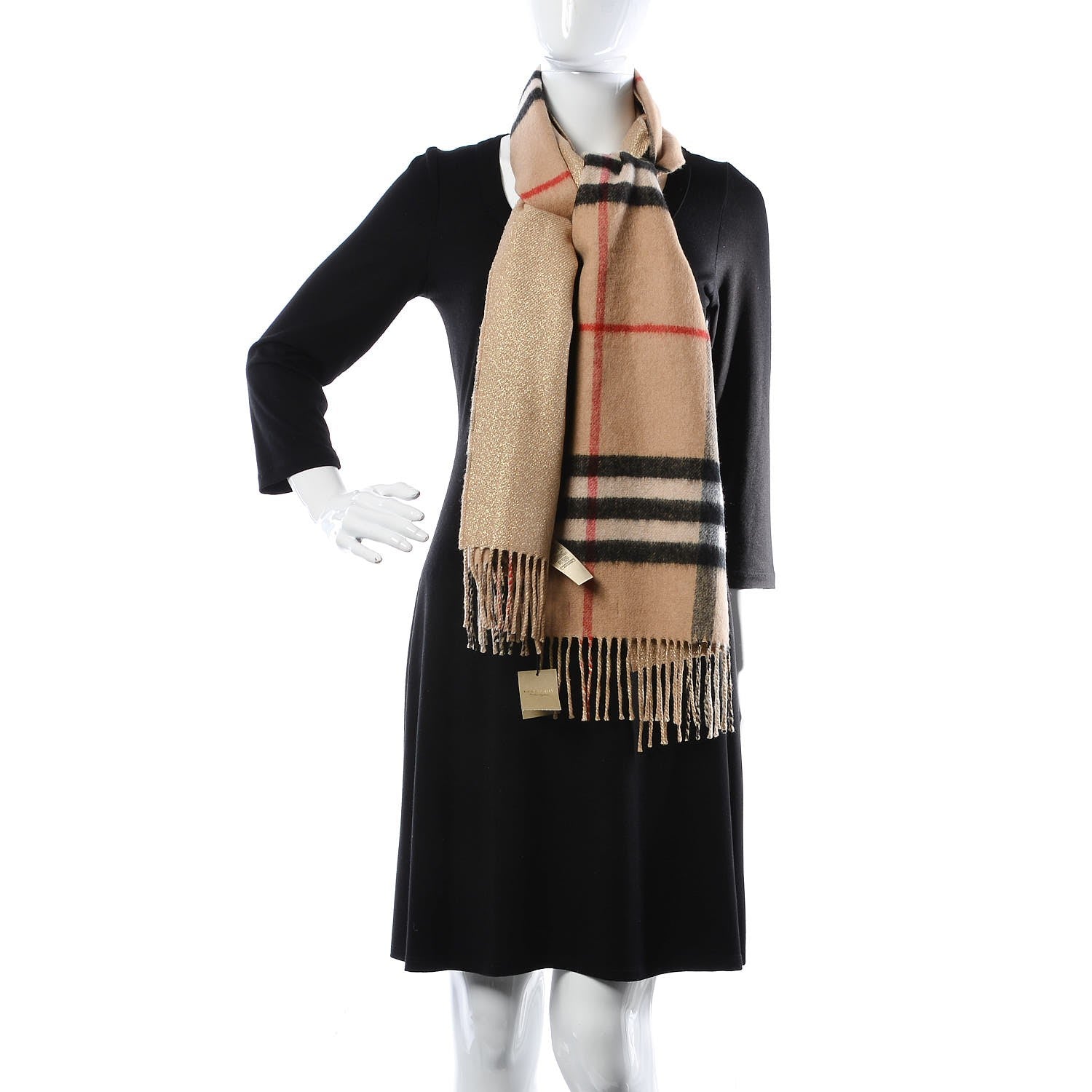 Burberry Metallic Cashmere Reversible Check Fringe Scarf Camel Gold 2 of 6