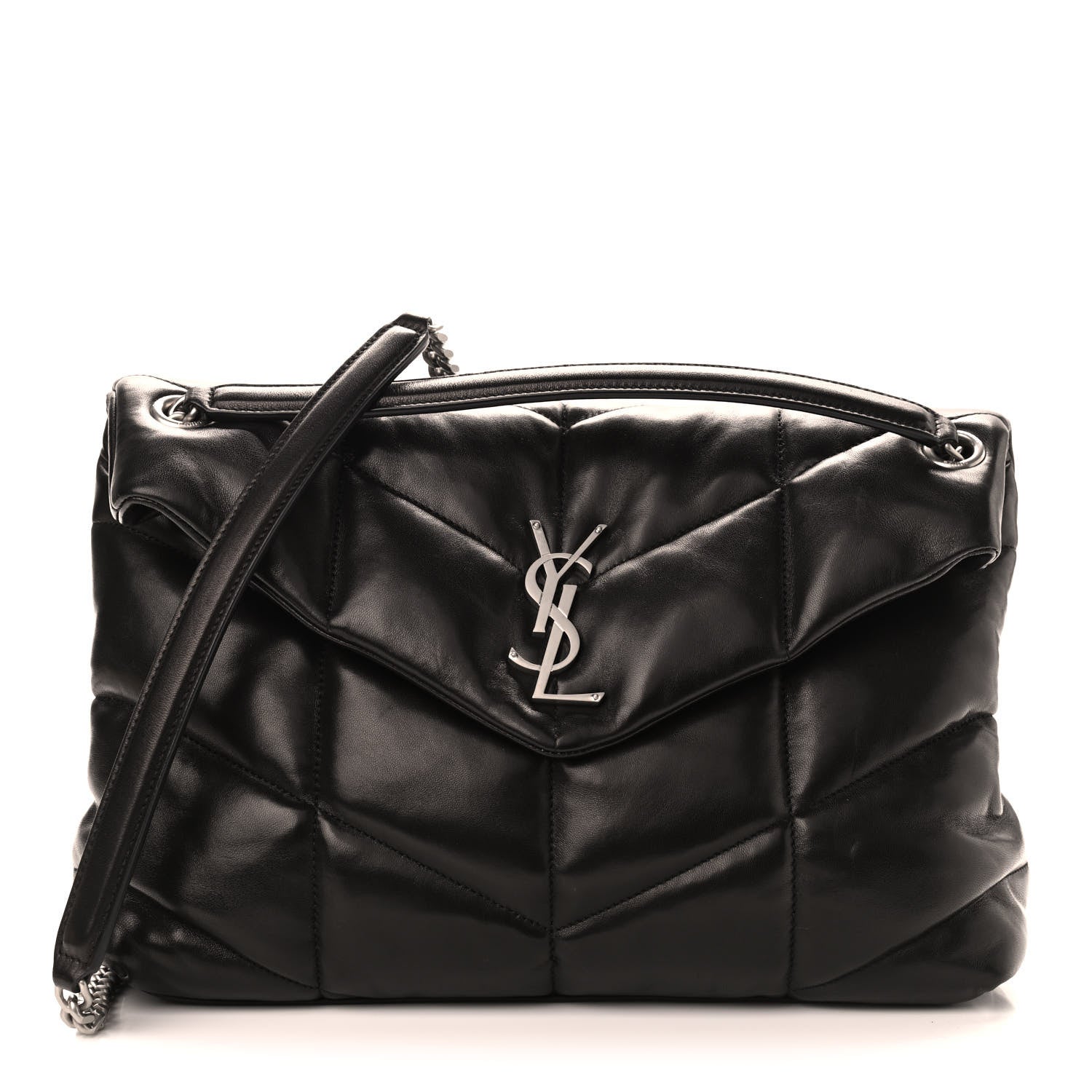 Saint Laurent Lambskin Quilted Medium Loulou Puffer Monogram Chain Satchel Black 1 of 9