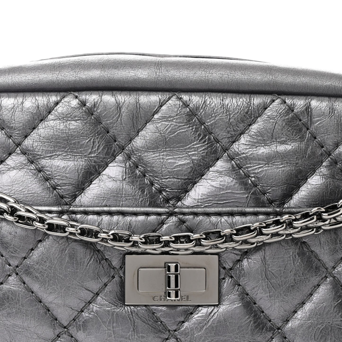 Metallic Aged Calfskin Quilted Medium Reissue Camera Case Dark Silver