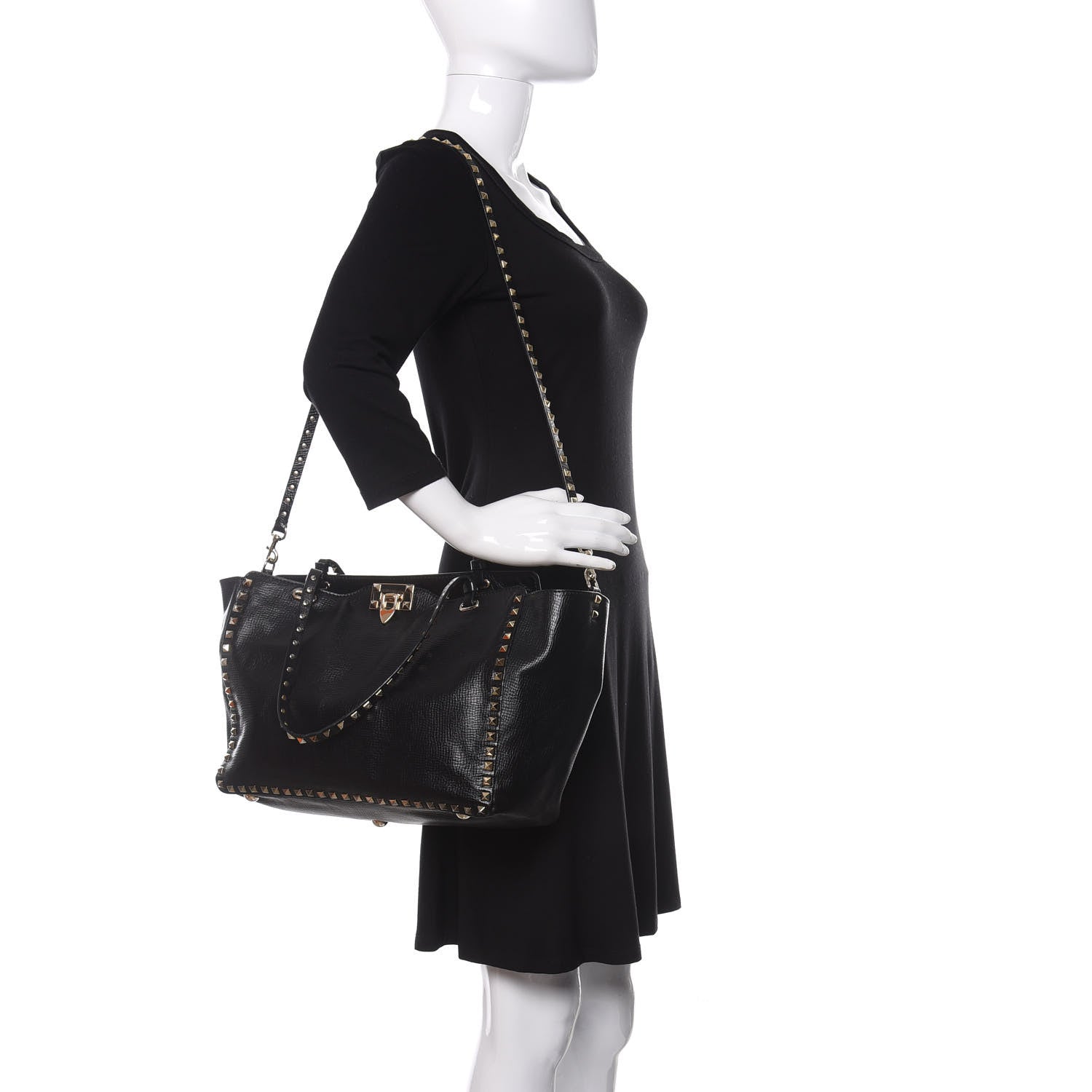 Valentino Garavani Textured Calfskin Medium Rockstud Tote Black 1 of 14