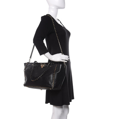 Valentino Garavani Textured Calfskin Medium Rockstud Tote Black 1 of 14