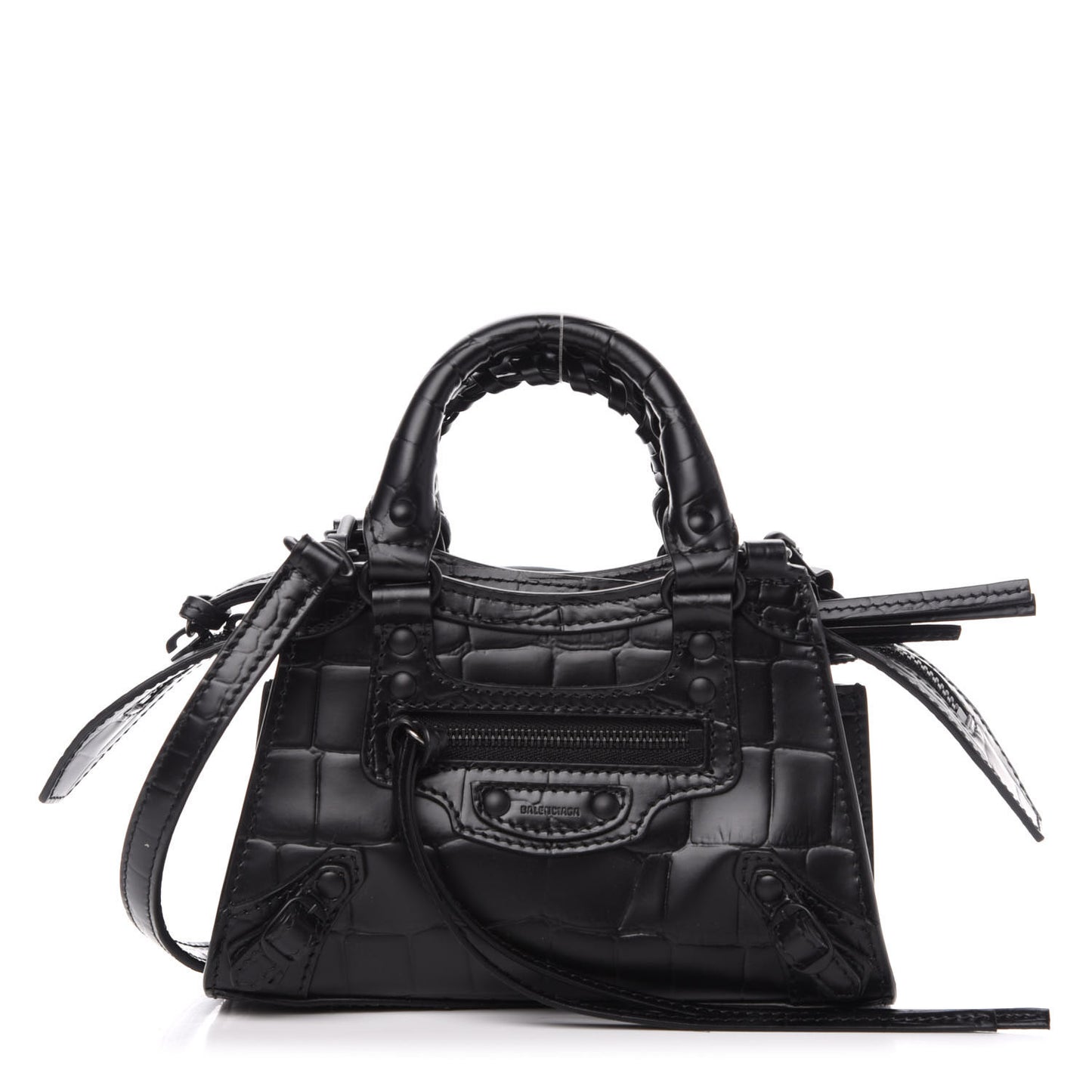 Semi Shiny Calfskin Crocodile Embossed Neo Classic Black Hardware Nano City Crossbody Black