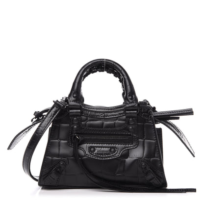 Balenciaga Semi Shiny Calfskin Crocodile Embossed Neo Classic Black Hardware Nano City Crossbody Black 1 of 9