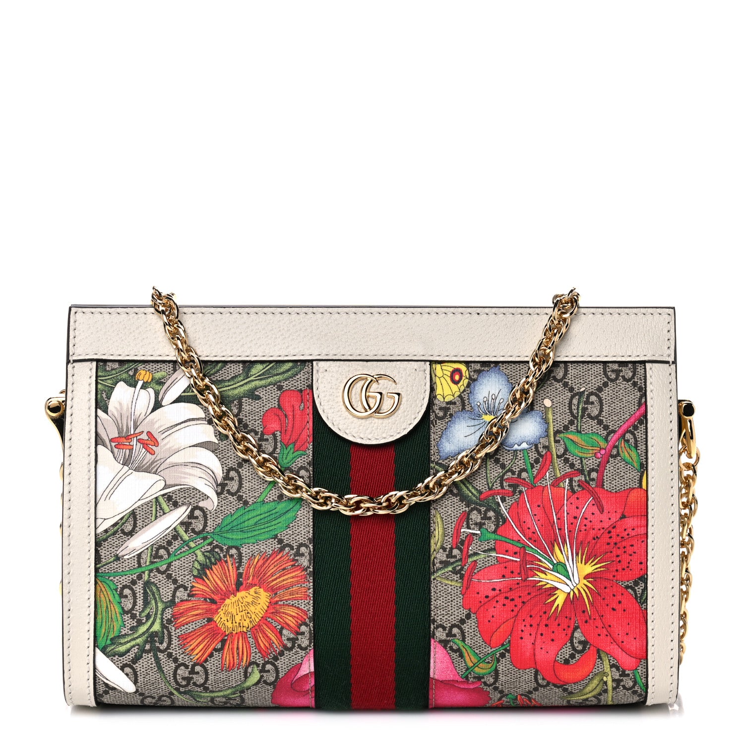 Gucci GG Supreme Monogram Flora Web Small Ophidia Chain Shoulder Bag White 1 of 12