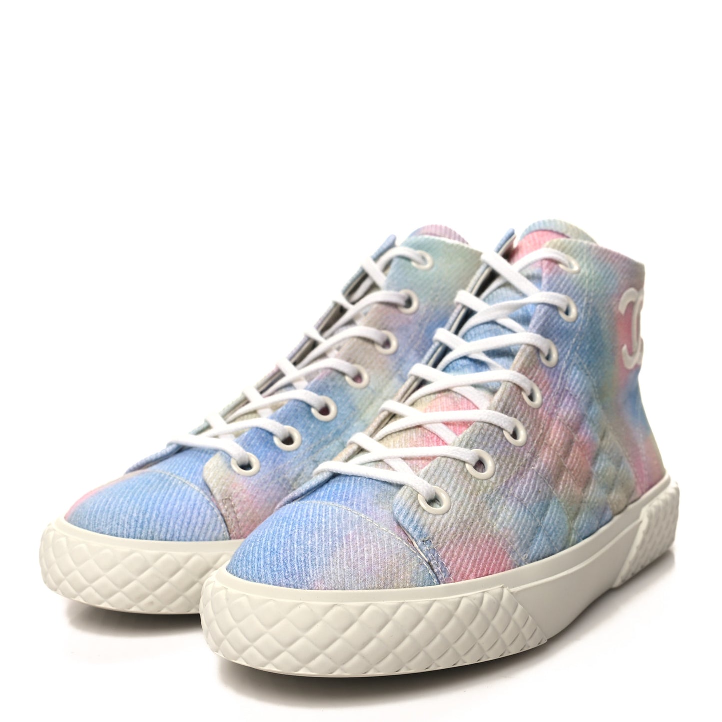 Printed Fabric Quilted High Top Sneakers 38.5 Green Pink Blue White