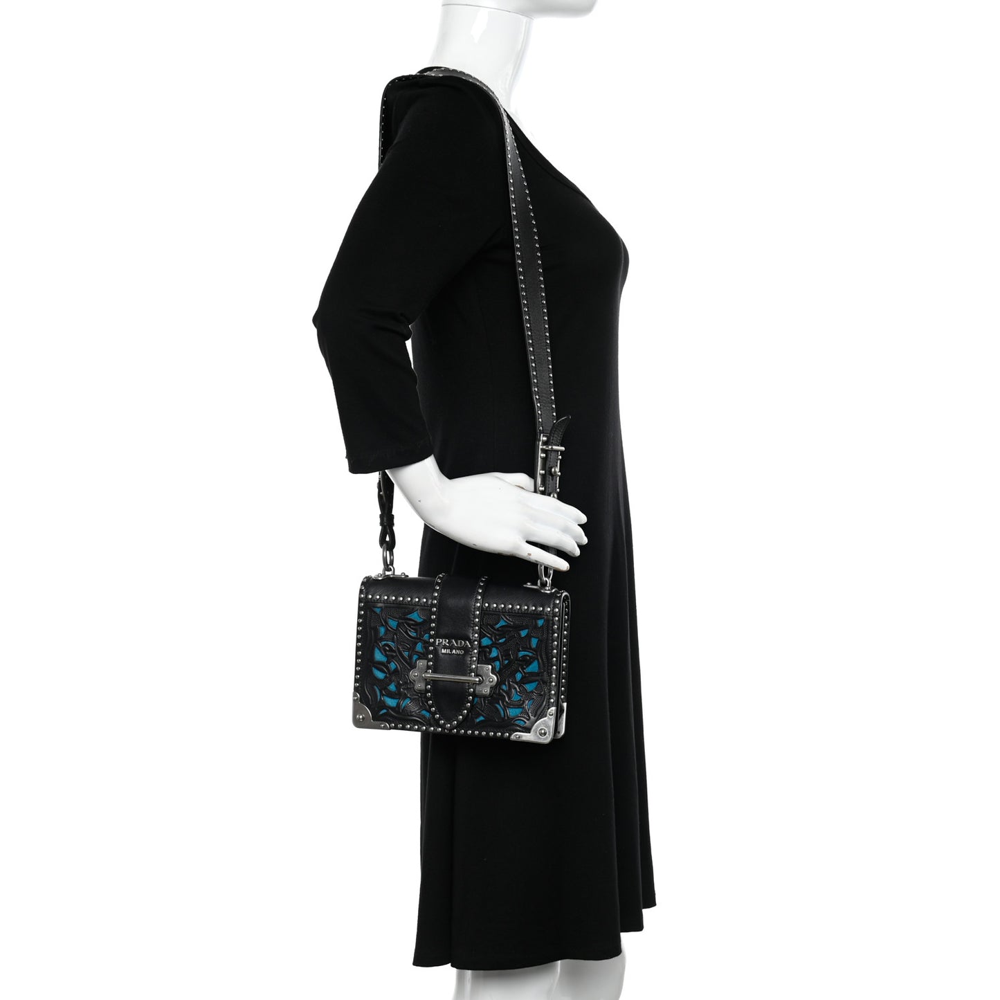 City Calf Saffiano Studded Laser Cut Cahier Bag Black