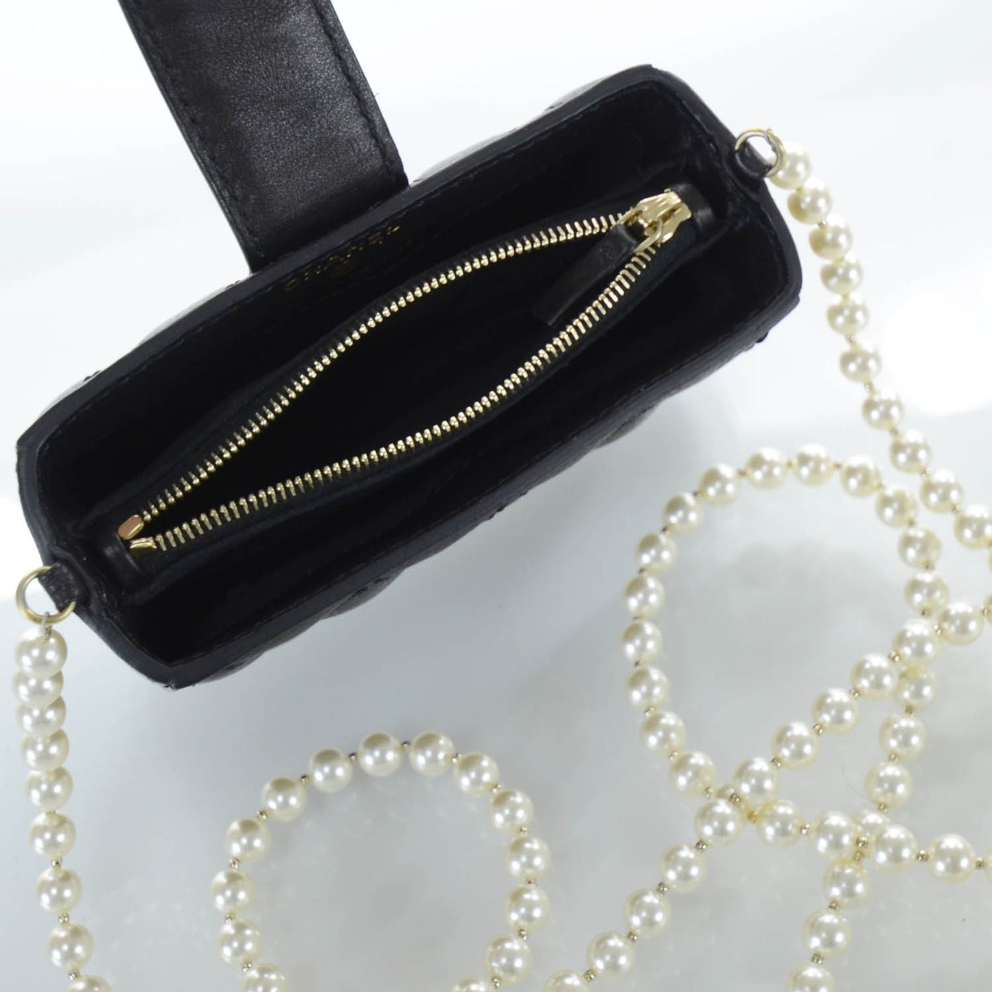 Lambskin Quilted Pearl Chain Love Symbols Mini Bag Black