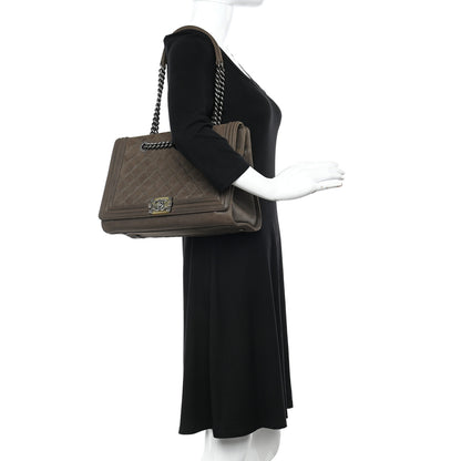 Chanel Iridescent Calfskin Stitched Large Boy Shopping Tote Dark Khaki 2 of 13