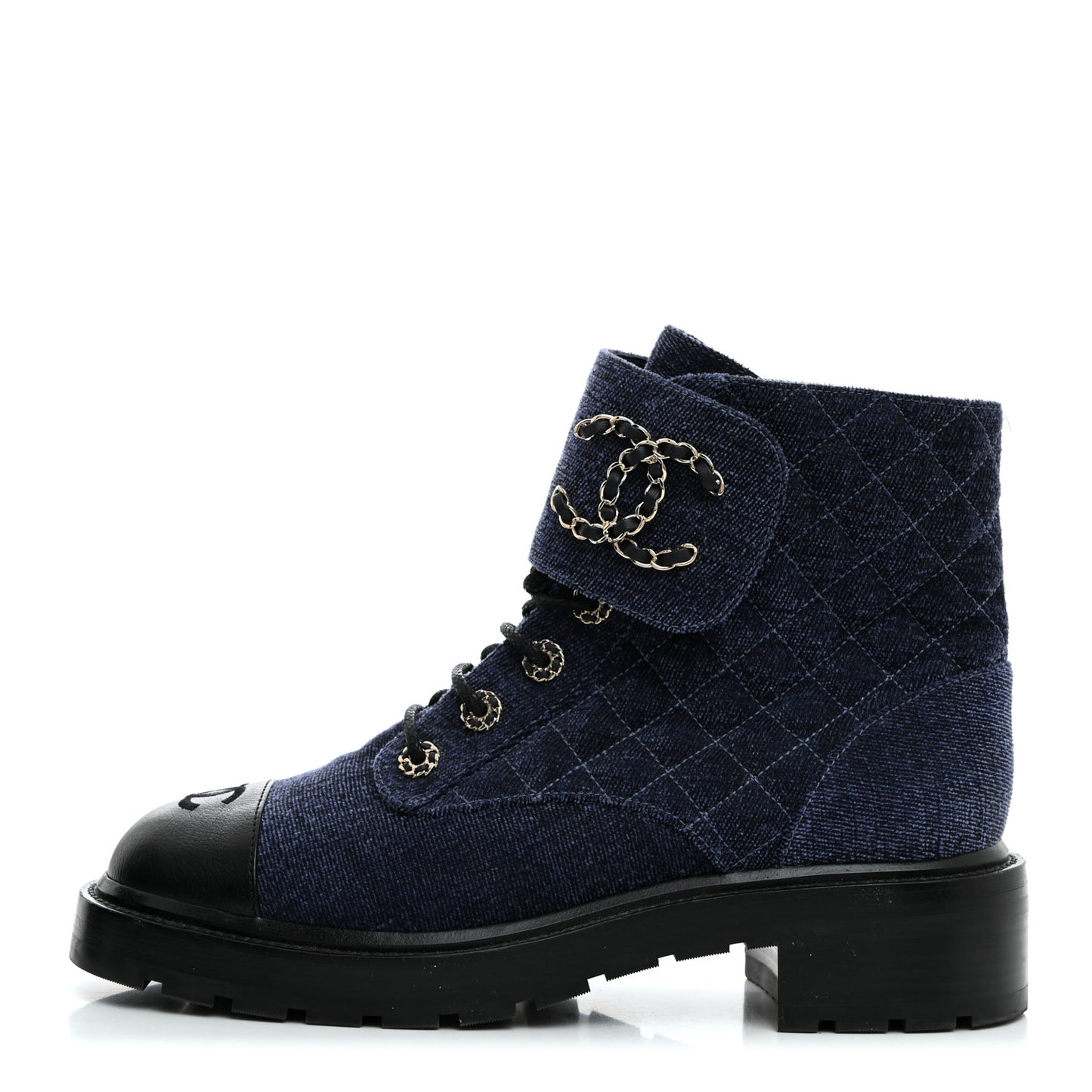 Shiny Calfskin Velvet Quilted Lace Up Combat Boots 41 Blue Black
