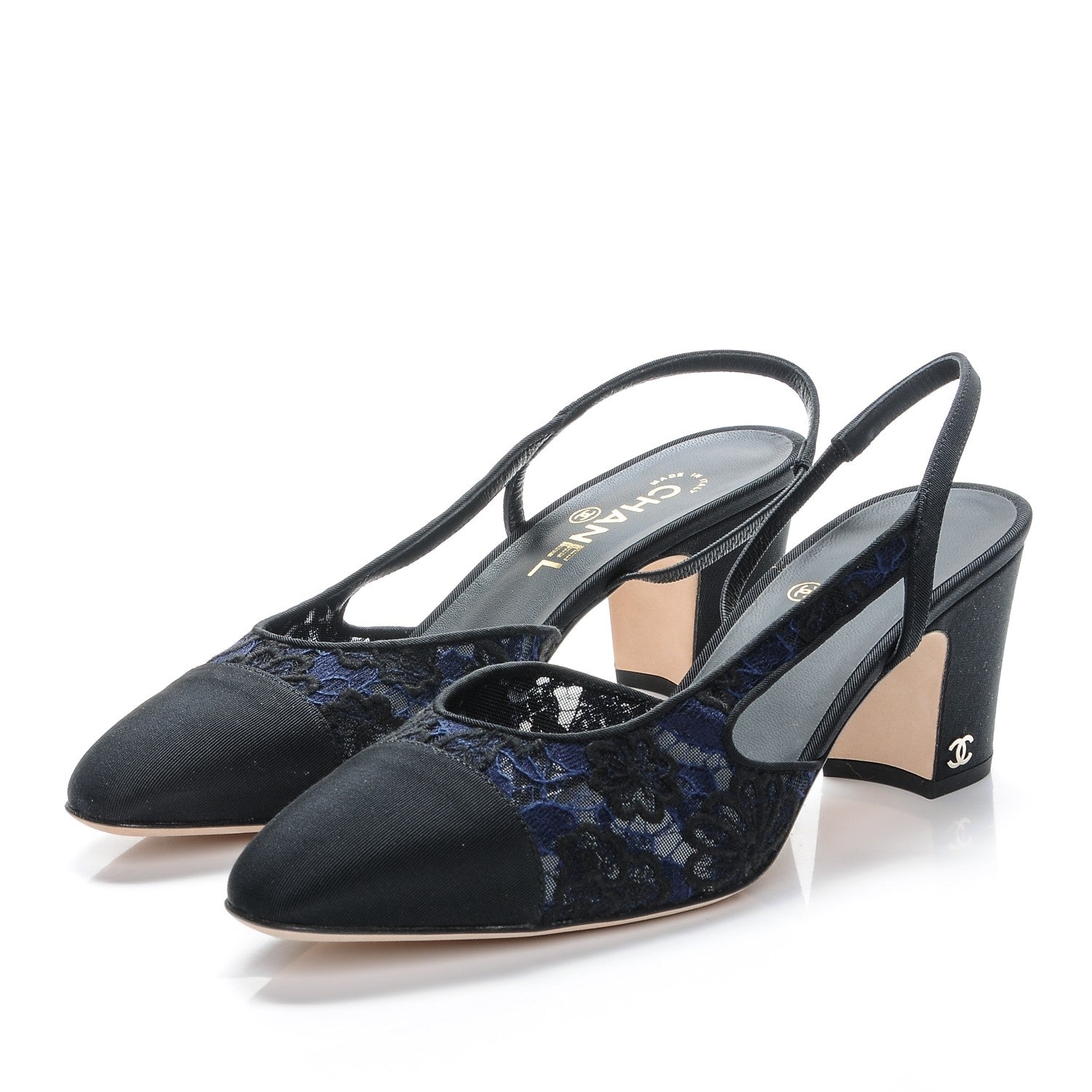Chanel Lace Grosgrain Cap Toe CC Slingback Pumps 41 Navy Black 3 of 8
