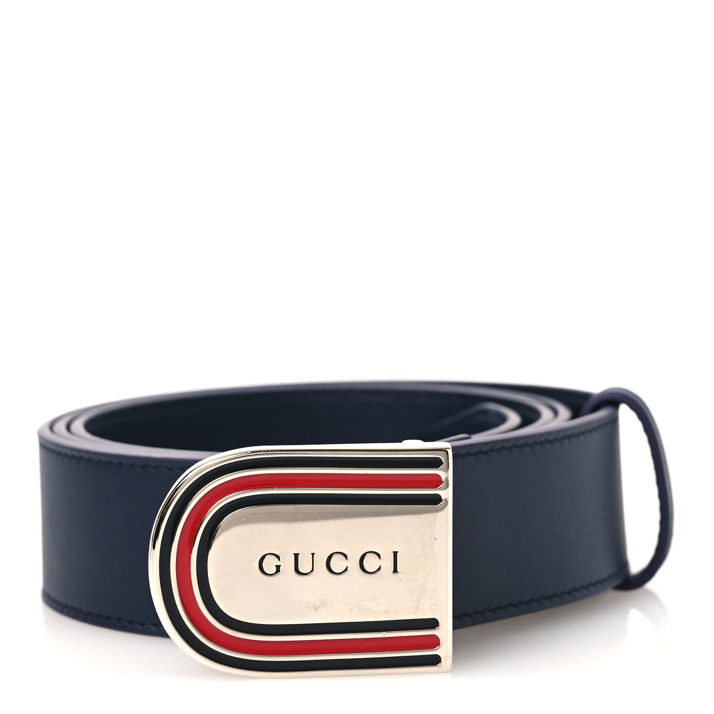 Moon Calfskin Round Plaque 35mm Belt 100 40 Navy