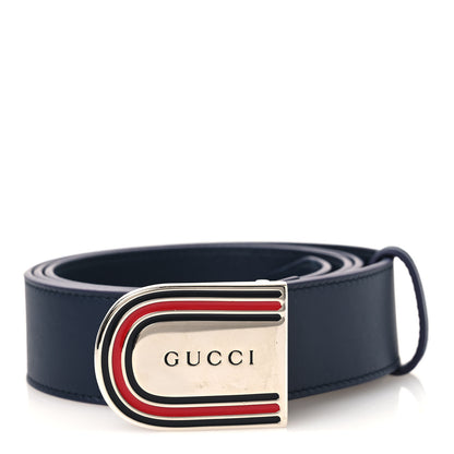 Gucci Moon Calfskin Round Plaque 35mm Belt 100 40 Navy 1 of 5