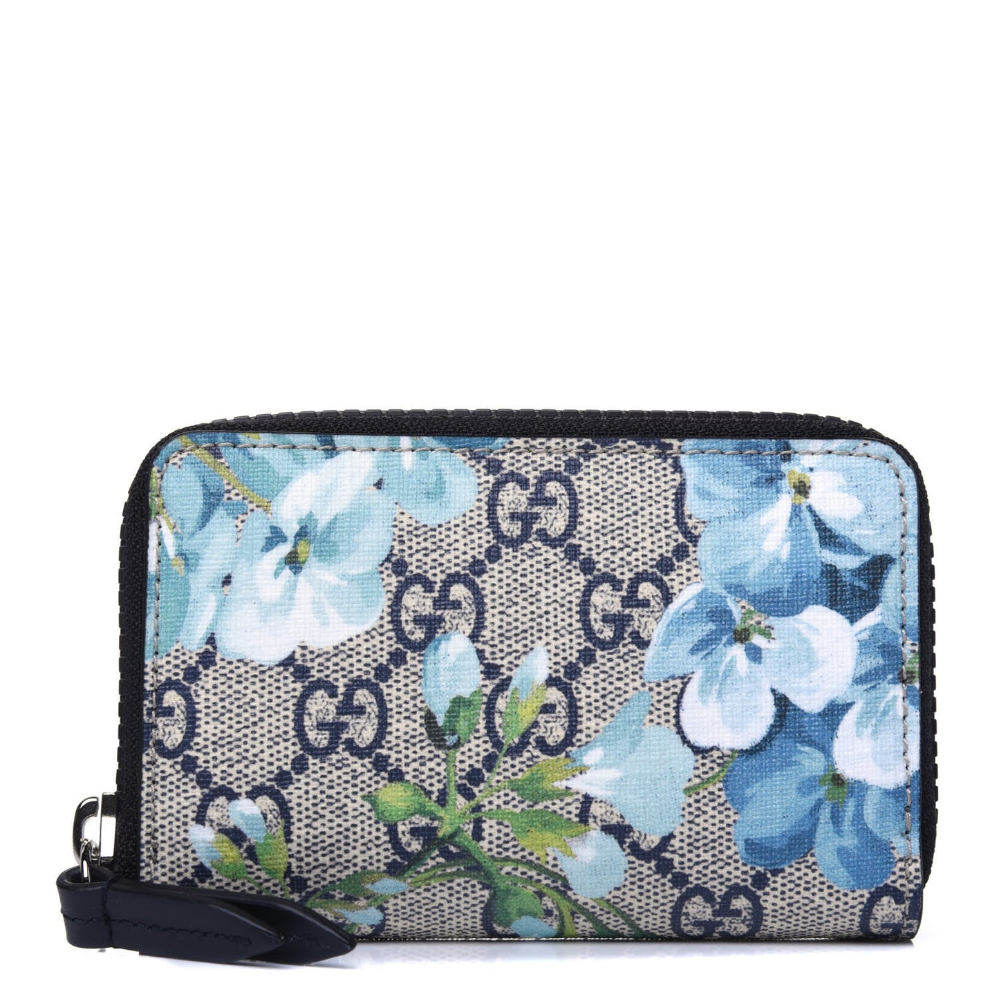 GG Supreme Monogram Blooms Zip Around Card Case Wallet Beige Blue Navy