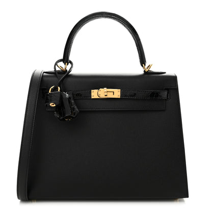 Hermes Madame Calfskin Shiny Niloticus Crocodile Kelly Sellier Touch 25 Black 1 of 11
