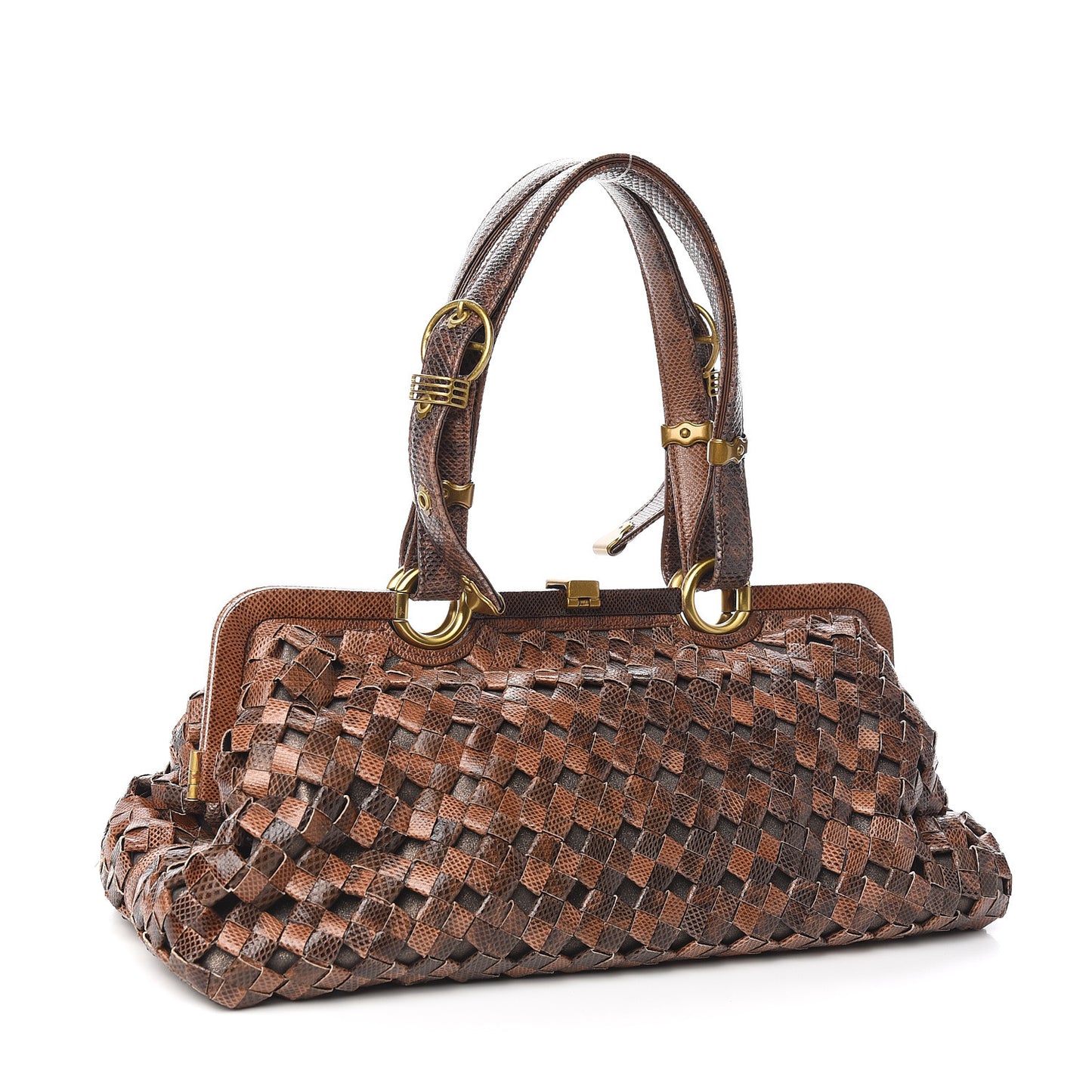 Woven Snakeskin Frame Bag Brown