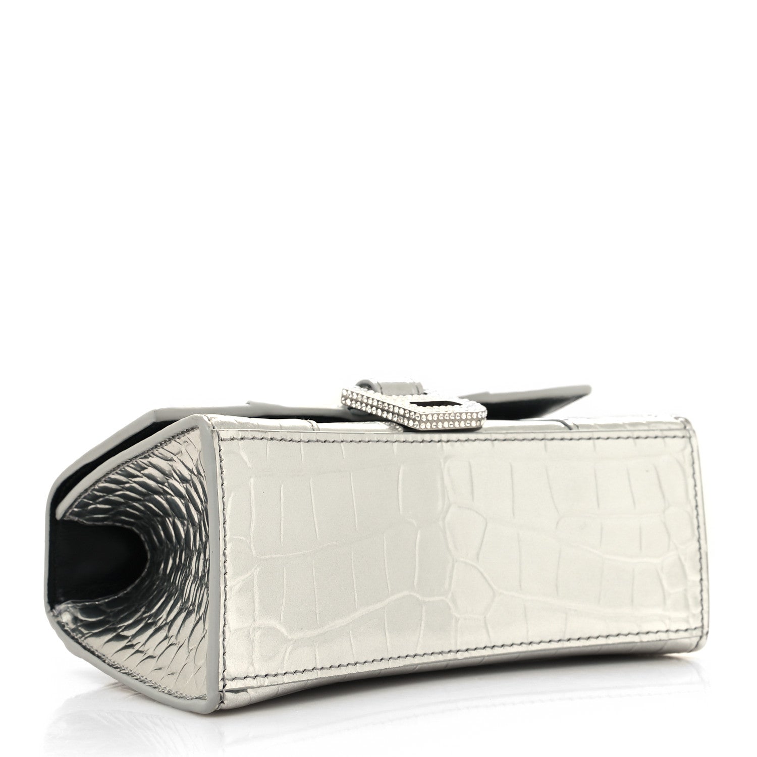 Balenciaga Metallic Calfskin Crocodile Embossed Crystal Hourglass Top Handle Bag XS Silver 4 of 10