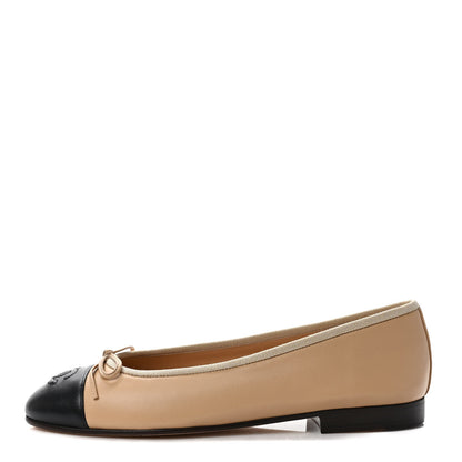 Chanel Lambskin Cap Toe CC Ballerina Flats 37 Beige Black 1 of 8