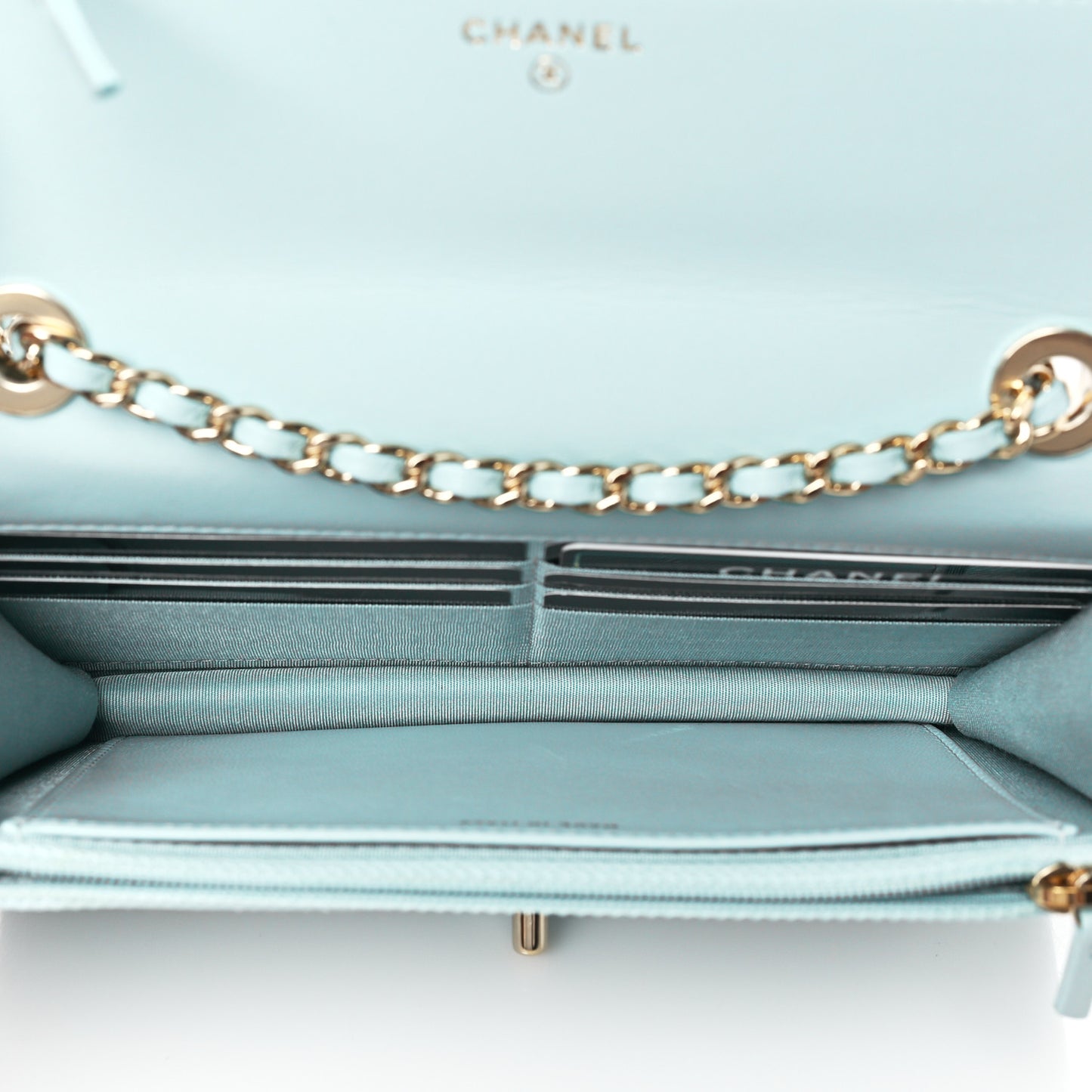 Lambskin Quilted Trendy CC Wallet On Chain WOC Light Blue