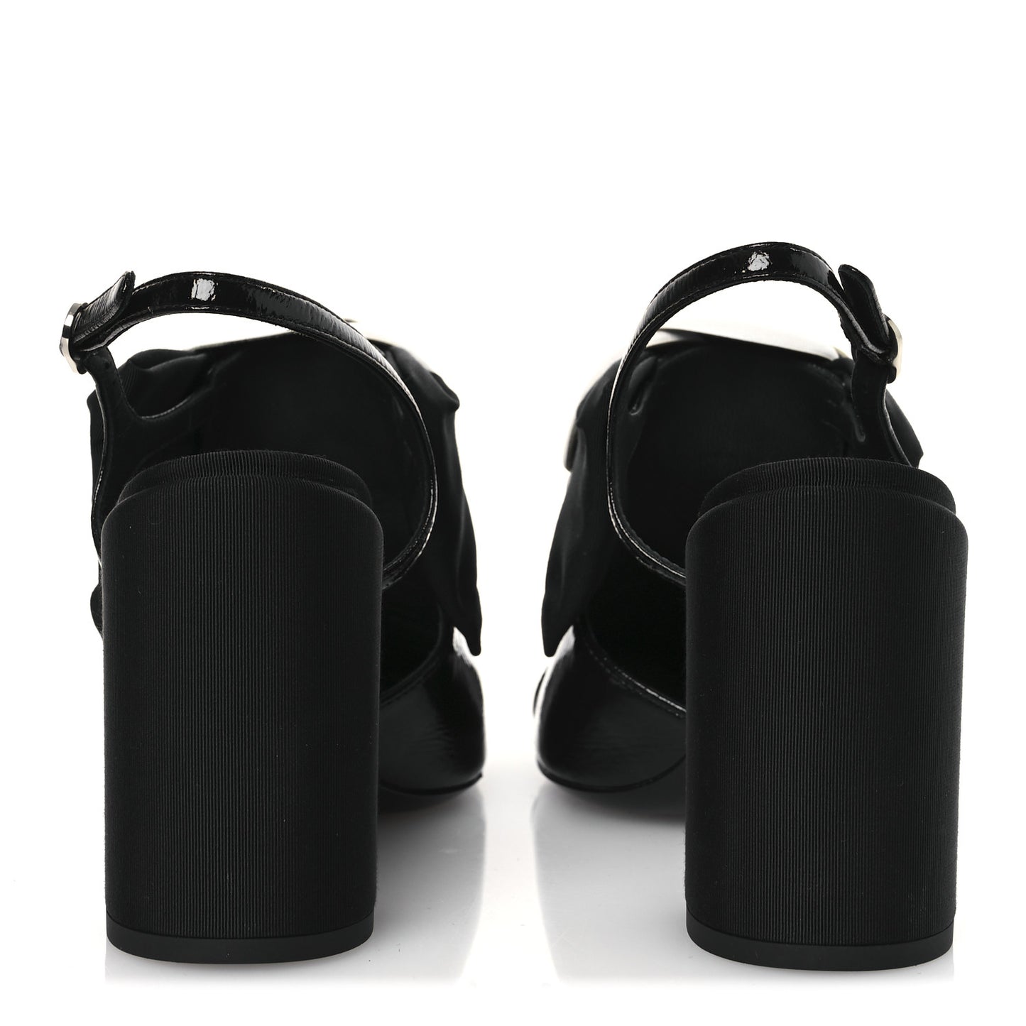 Crumpled Shiny Fabric Grosgrain Cap Toe Camellia Bow Slingback Pumps 38.5 Black