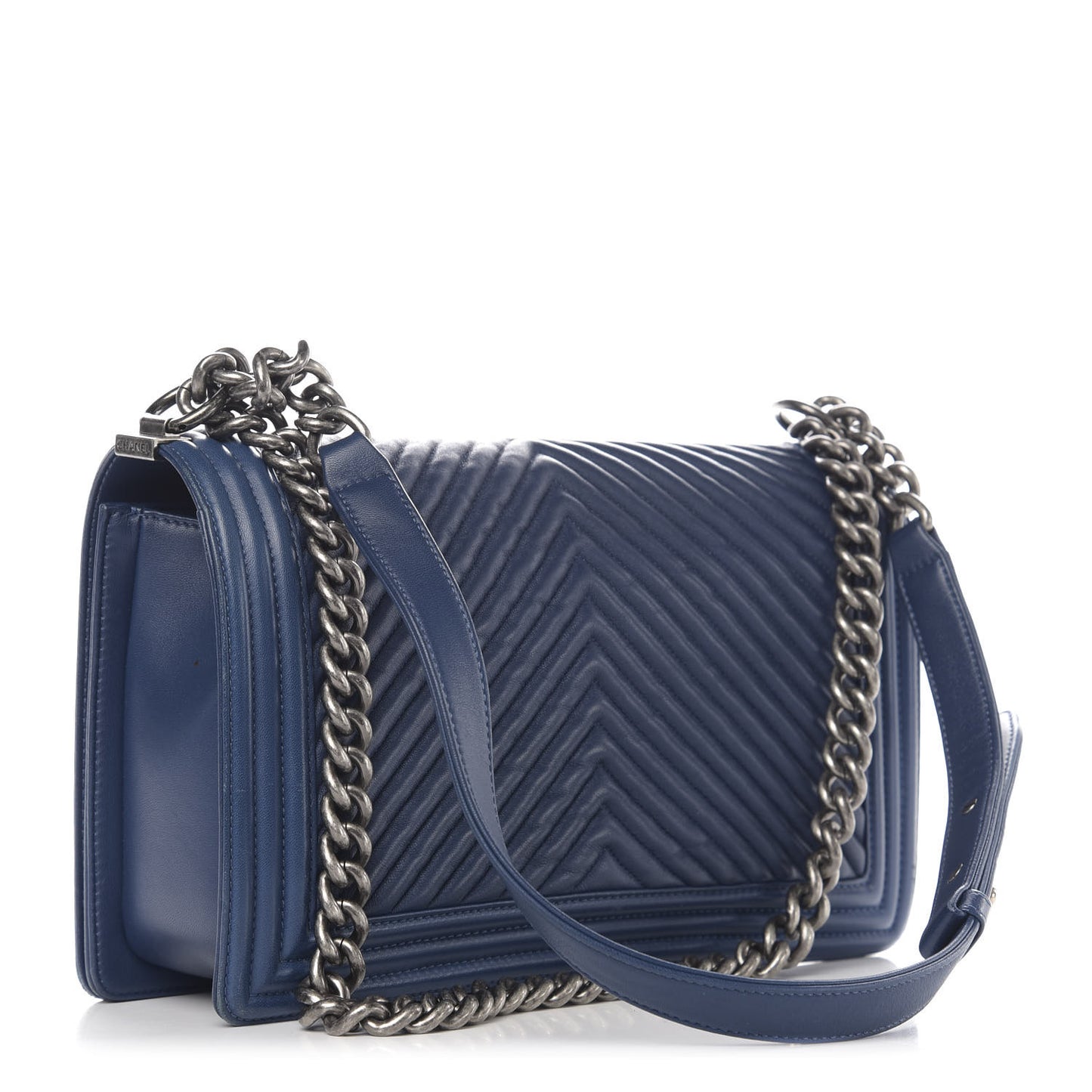 Wrinkled Lambskin Chevron Quilted New Medium Boy Flap Navy Blue