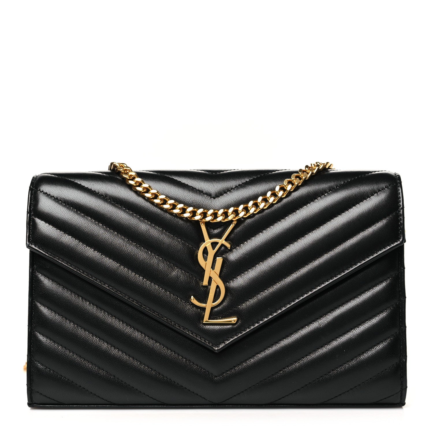Saint Laurent Grain De Poudre Matelasse Chevron Monogram Chain Wallet Black 1 of 11