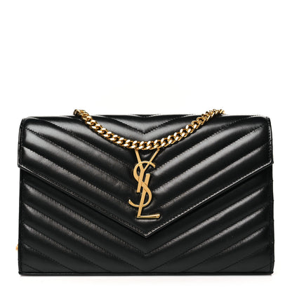Saint Laurent Grain De Poudre Matelasse Chevron Monogram Chain Wallet Black 1 of 11