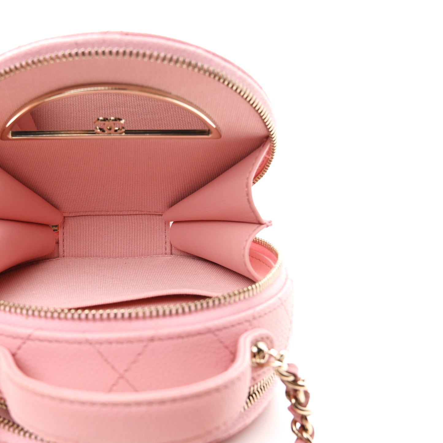 Caviar Quilted Round Handle With Care Vanity With Chain Pink