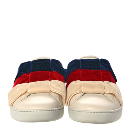 Gucci Calfskin Velvet Womens Bow Ace Sneakers 37.5 White 2 of 8