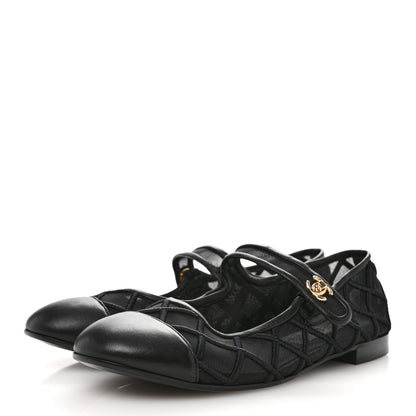 Chanel Lambskin Fabric Mesh Quilted Mary Jane Cap Toe Flats 40 Black 39 Black 4 of 8