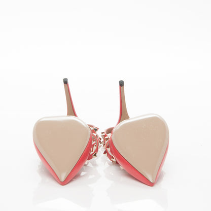 Valentino Garavani Pebbled Calfskin Rockstud Ankle Strap 100mm Pumps 39 Deep Coral 5 of 6