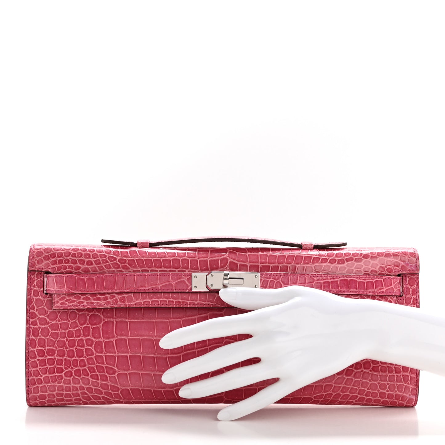 Shiny Porosus Crocodile Kelly Cut Pochette Rose Tyrien