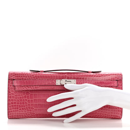 Hermes Shiny Porosus Crocodile Kelly Cut Pochette Rose Tyrien 2 of 11
