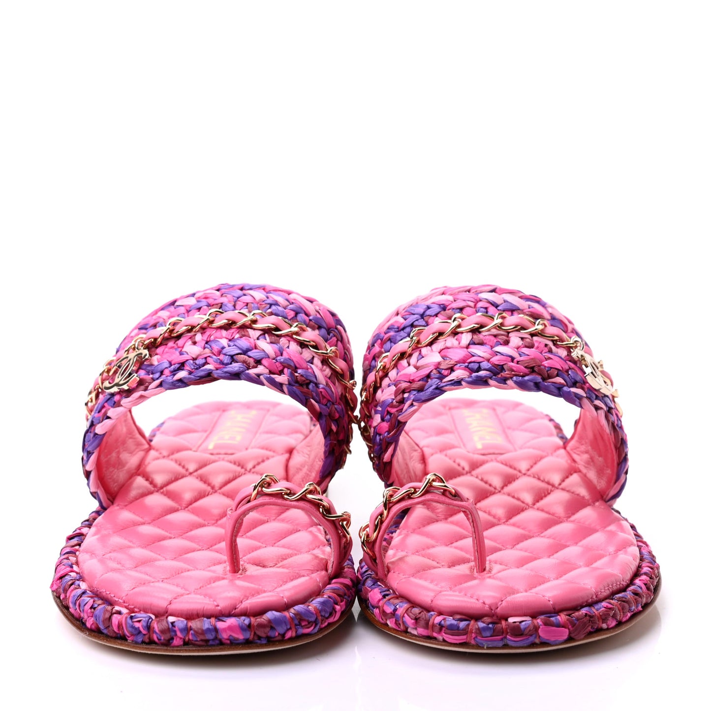 Raffia Lambskin Woven Chain CC Toe Ring Sandals 36.5 Pink Fuchsia Purple
