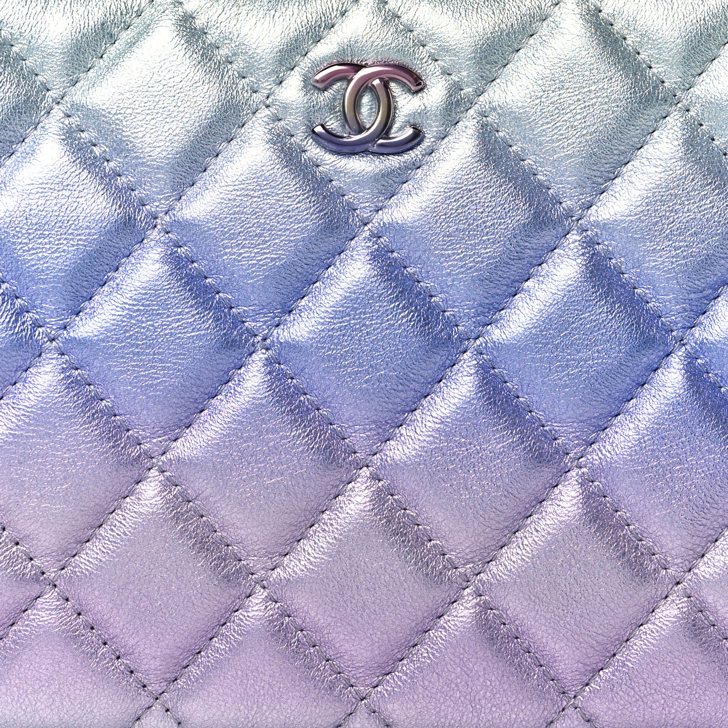 Gradient Metallic Calfskin Quilted Cosmetic Case Silver Blue Yellow Purple