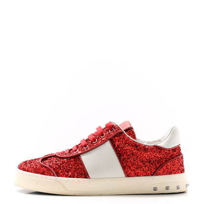 Valentino Garavani Calfskin Glitter Flycrew Sneakers 38 Red 1 of 8