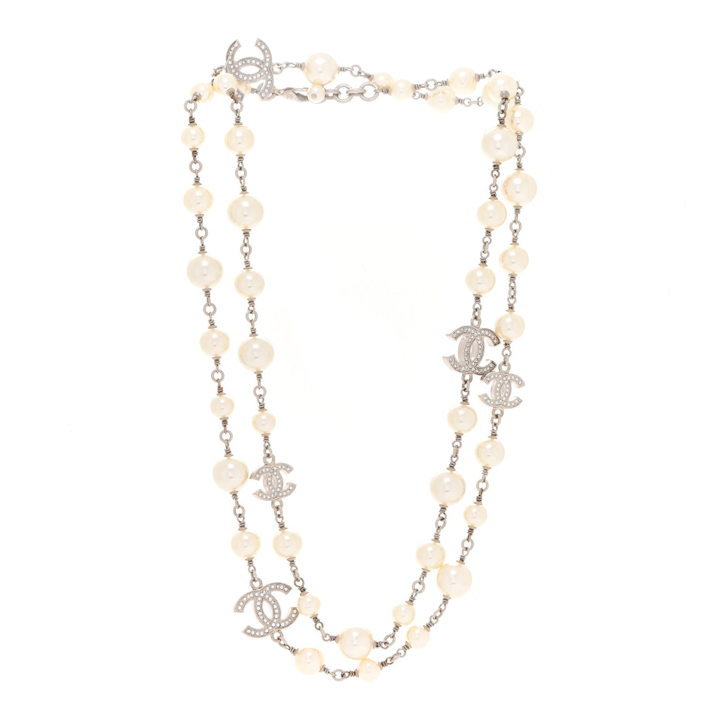 Graduated Pearl Crystal CC Long Necklace Silver
