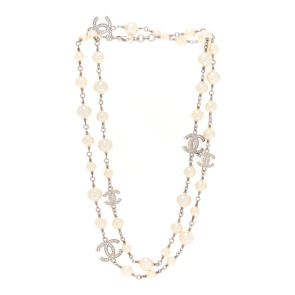 Chanel Graduated Pearl Crystal CC Long Necklace Silver 3 of 6