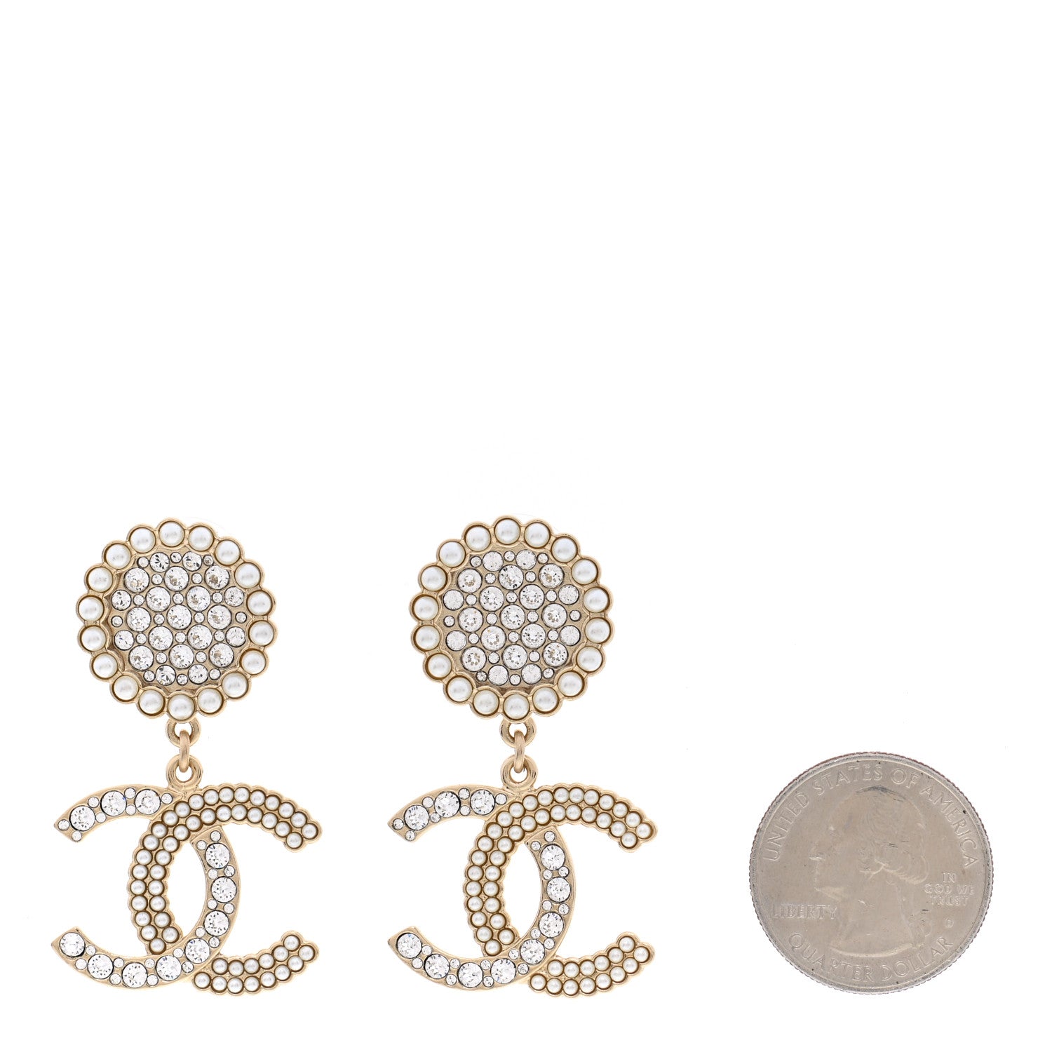 Chanel Crystal Pearl CC Drop Round Earrings Gold 2 of 5
