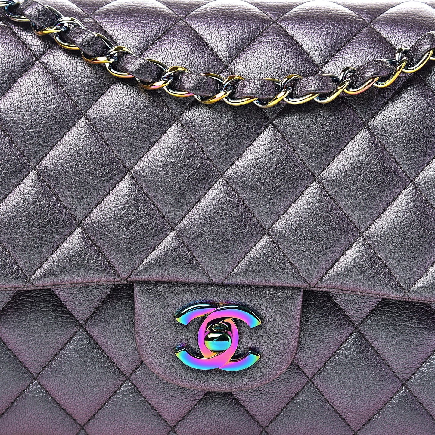 Iridescent Goatskin Quilted Medium Double Flap Purple