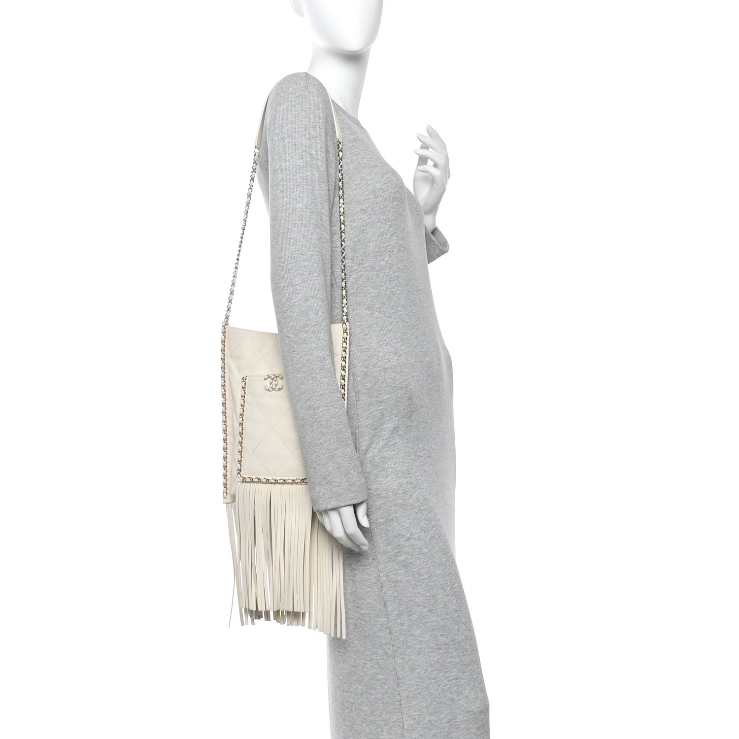 Chanel Calfskin Quilted Fringe Small Shopping Bag White 2 of 10