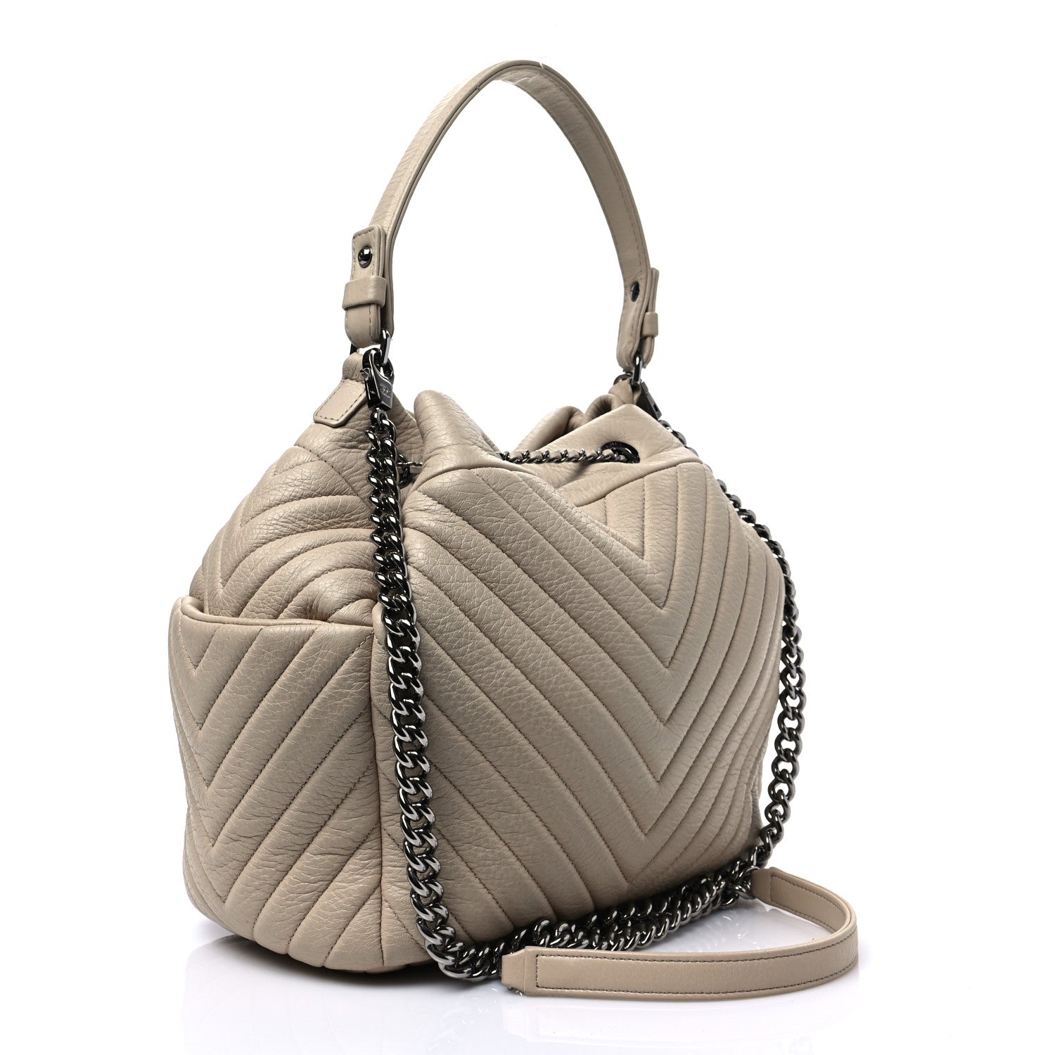 Chanel Deerskin Chevron Medium CC Chain Bucket Drawstring Bag Beige 2 of 7