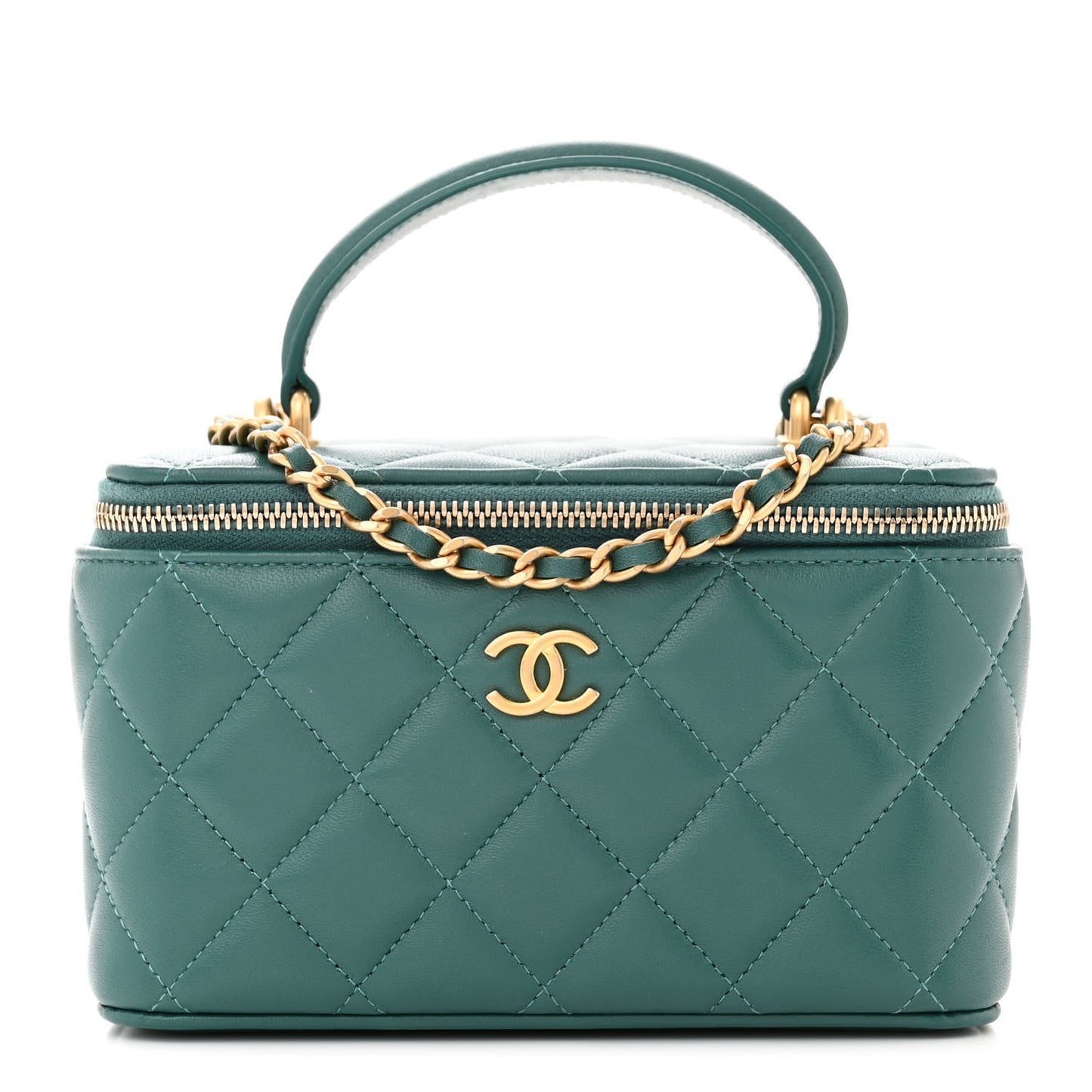 Lambskin Quilted Small Top Handle Vanity Case With Chain Green