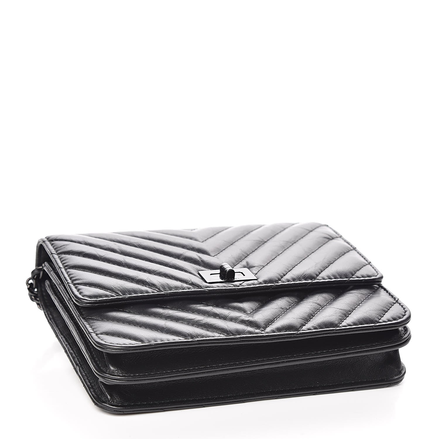 Chanel Aged Calfskin Chevron Quilted Reissue 2.55 Square Wallet On Chain WOC So Black 4 of 12