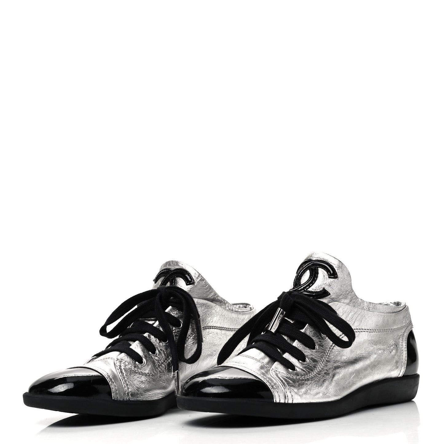 Metallic Lambskin Patent Cap Toe CC Sneakers 39.5 Silver Black