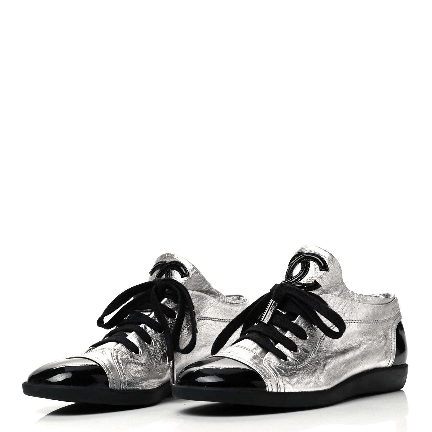 Chanel Metallic Lambskin Patent Cap Toe CC Sneakers 39.5 Silver Black 6 of 17