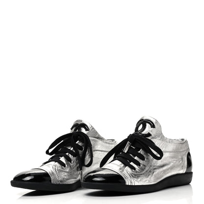 Chanel Metallic Lambskin Patent Cap Toe CC Sneakers 39.5 Silver Black 6 of 17