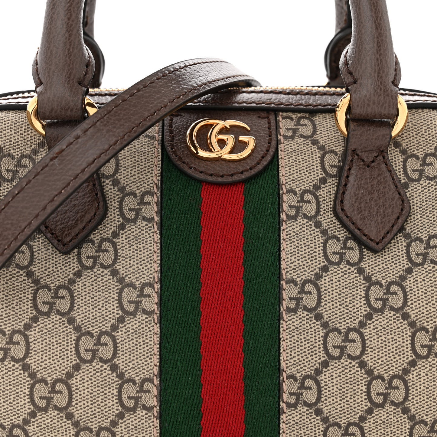 GG Supreme Monogram Textured Dollar Calfskin Web Mini Ophidia Top Handle Bag Beige Ebony New Acero